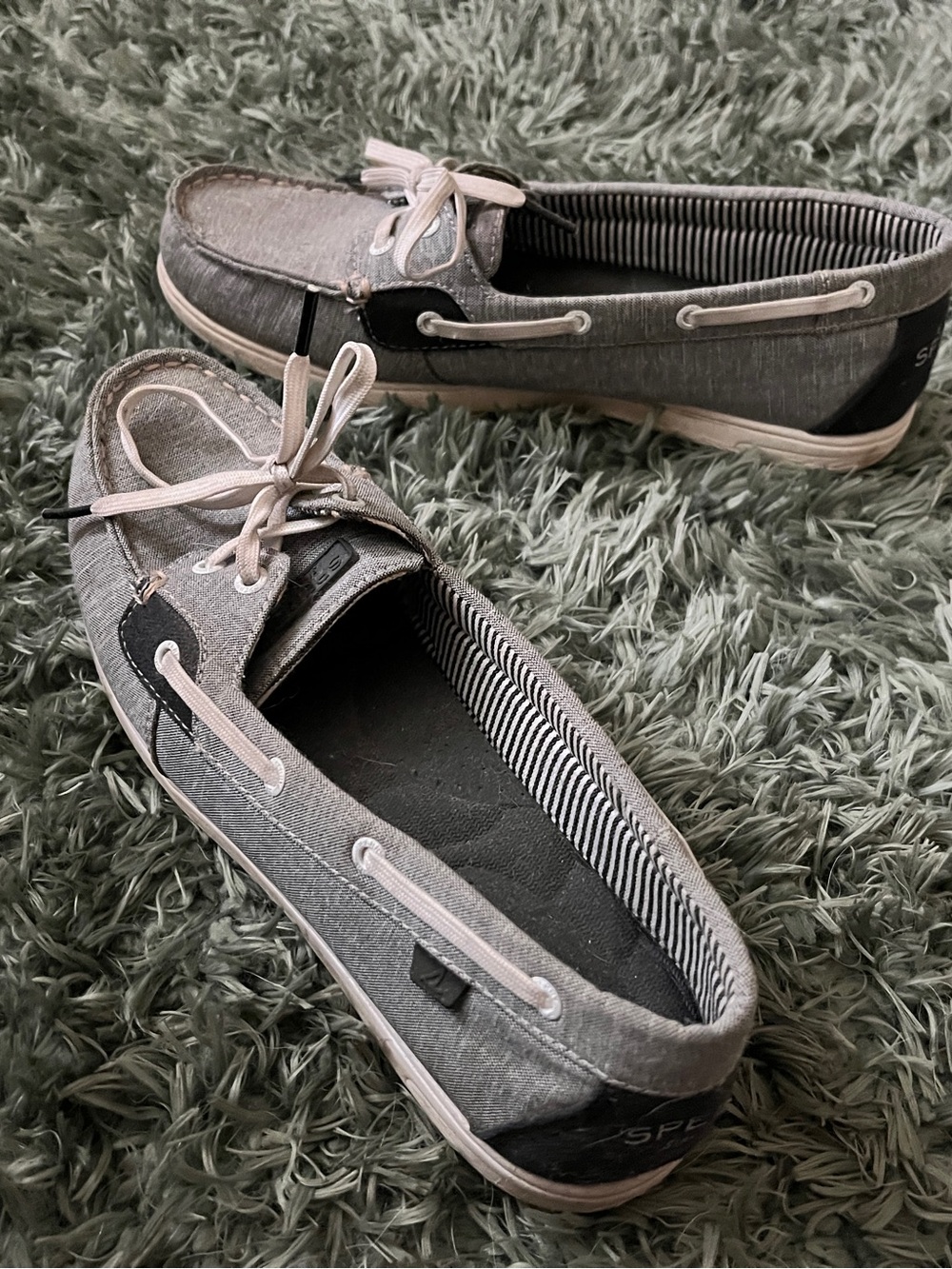 Sperry Women's Grey Canvas Boat Shoes with Cream Laces